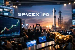 Traders celebrating a SpaceX IPO as a rocket stands on a launch pad at sunset, with a rising stock chart and a golden bull symbolizing market optimism in the foreground.